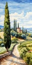 Exotic Landscapes: A Precisionist Watercolor Illustration Of The Tuscan Countryside
