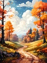 A Painting Of A Road Through A Forest