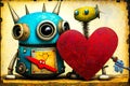 Painting of robot holding heart in front of sign that says love is in the air. Generative AI