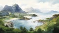 Norwegian Peninsula Watercolor Illustration: Lrenga Valley With Sea And Mountains