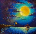 Painting romantic girl with colorful balloons on rock with lantern waiting meets pirate ship with red sails sailing in night on bl