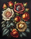 A painting of roses on a black background, decorative roses. Beautiful picture of Roses. Royalty Free Stock Photo