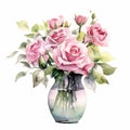 Delicate Watercolor Rose Bouquet In Vase On White Background