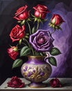 A painting of roses in a vase on a table, roses background, stylized geometric flowers. Beautiful picture of flowers. Royalty Free Stock Photo