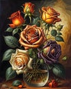 A painting of roses in a vase on a table. Beautiful picture of flowers. Royalty Free Stock Photo