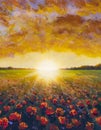 painting of rural landscape. Sunset dawn of sun over flower field oil painting Royalty Free Stock Photo