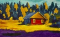 Painting rural village house, sunny landscape, summer landscape against the background of the forest