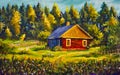 Painting rural village house, sunny landscape, summer landscape against the background of the forest Royalty Free Stock Photo