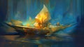 Painting, sailing boat at sea. Small boat sailing across the ocean. Generative AI. Illustration for banner, poster, cover,