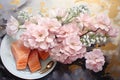 a painting of salmon and flowers on a plate. Acrylic Painting of a Salmon color flower perfect for Wall Art.