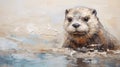 Expressive Impasto Otter Painting On Beige Background