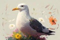 Painting of a seagull with colorful flowers. Spring colors.