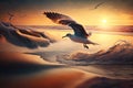 a painting of a seagull flying over the ocean.