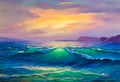 Sunset over sea, painting by oil on canvas. Royalty Free Stock Photo