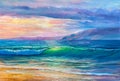 Original oil painting of sea and beach on canvas. Rich golden Sunset over sea. Royalty Free Stock Photo