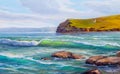 Painting seascape. Pines on the coast of the sea. Oil painting. Royalty Free Stock Photo