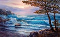 Pines on the coast of the sea. Oil painting Royalty Free Stock Photo