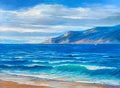Oil painting. Seascape. Sand beach. Sea wave.