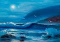 Night sea with the moon. Sea wave. Painting seascape. Royalty Free Stock Photo