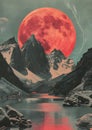 a painting of a full moon over a lake with mountains in the background Royalty Free Stock Photo