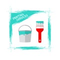 Painting Services Logo. Blue Paint Strokes on White Background. Bucket with blue paint and brush.