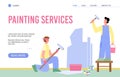 Painting services web page with working craftsmen cartoon vector illustration. Royalty Free Stock Photo