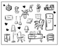 Painting with a set of isolated images of furniture and household items on a white background. Refrigerator, lamps, chandeliers, f