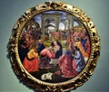 Painting in the shape of a circle, in which the adoration of the three kings to Jesus child, in the arms of the Madonna, at the Uf