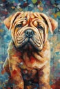 A painting of a Sharpei dog portrait on a colorful background Royalty Free Stock Photo