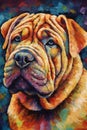 A painting of a Sharpei dog portrait on a colorful background Royalty Free Stock Photo