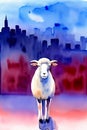 A Painting Of A Sheep Standing In Front Of A City Skyline. Generative AI