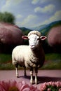 A Painting Of A Sheep Standing In Front Of Flowers. Generative AI