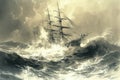 A Painting of a Ship Battling Rough Seas, A vintage drawing of a ship battling tumultuous ocean waves, AI Generated