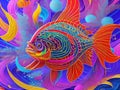 Painting showcases a captivating display of colorful fish adorned with intricate and mesmerizing patterns, creating a lively