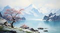 Vintage Oil Painting Of Mountain Range With Pink Tree