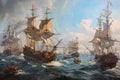 A painting showcasing a fleet of ships battling turbulent waves in the midst of a tempestuous sea, A historic naval battle scene