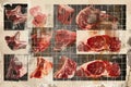A painting showcasing various cuts of dry-aged beef, bacon, and veal arranged in a collage, Digital collage combining different Royalty Free Stock Photo
