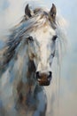 A painting showing a horse\'s head, in the style of light silver and blue