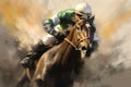 painting that shows horses and jockeys racing. dynamic scene