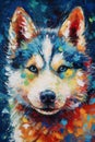 A painting of a Siberian Husky dog portrait on a colorful background