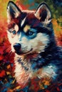 A painting of a Siberian Husky dog portrait on a colorful background