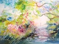 Painting on silk. Dreamy forest with trail and person. Royalty Free Stock Photo