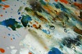 Painting silver watercolor orange blue wax vivid spots, abstract creative background Royalty Free Stock Photo