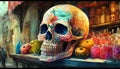 a painting of a skull sitting on top of a counter.