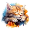 Painting of sleeping kitten on a clean background, showcasing its cute, young, and beautiful nature. Cute Cat. Pet. Animals