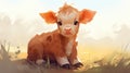 A painting of a small brown cow sitting in the grass, AI