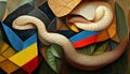 Painting with a snake. Imitation of oil painting. Painting in the style of cubism. AI-generated