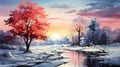 A painting of a snowy forest with trees and a river at sunset Royalty Free Stock Photo