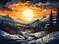 A Painting Of A Snowy Landscape With A River And Trees Royalty Free Stock Photo