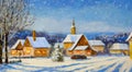 A painting of a snowy night with a tree and houses in the fir trees decorated with shining stars, snowfall, glowing Royalty Free Stock Photo